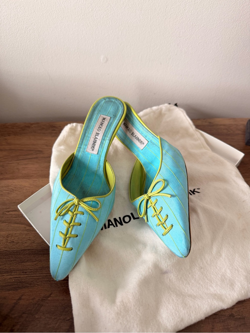 Manolo Blahnik Turquoise with Lime Trim Pointed Slip-On Mules - Picture 3 of 6